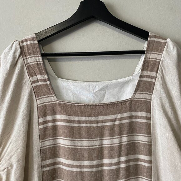 Handmade Plus Size Cotton Linen Patch Pockets Neutrals Brown Stripes Dress - Picture 3 of 15